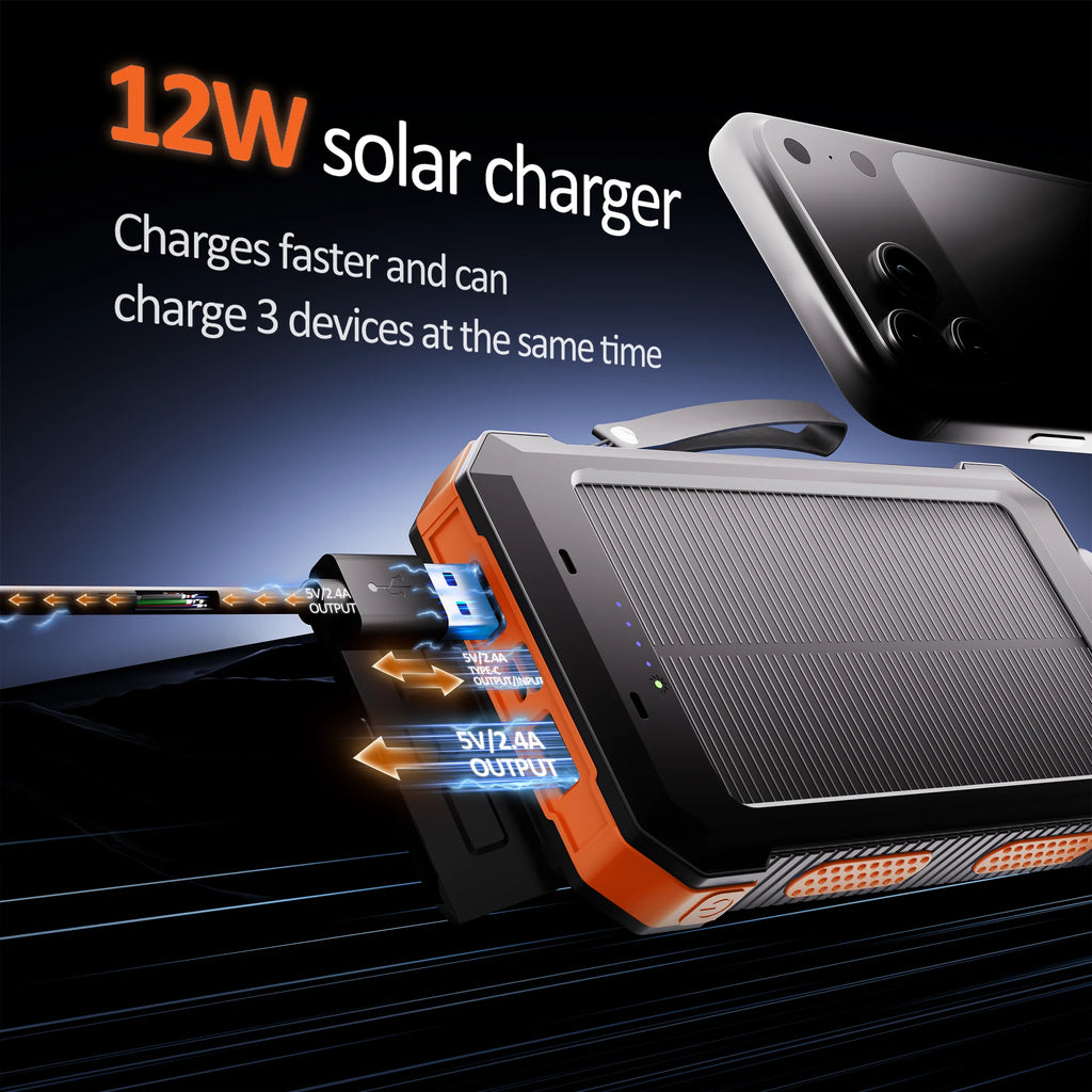30,000mAh Solar Power Bank for iPhone 17 - 12W Portable Charger for Outdoor Camping and Hiking (Orange)